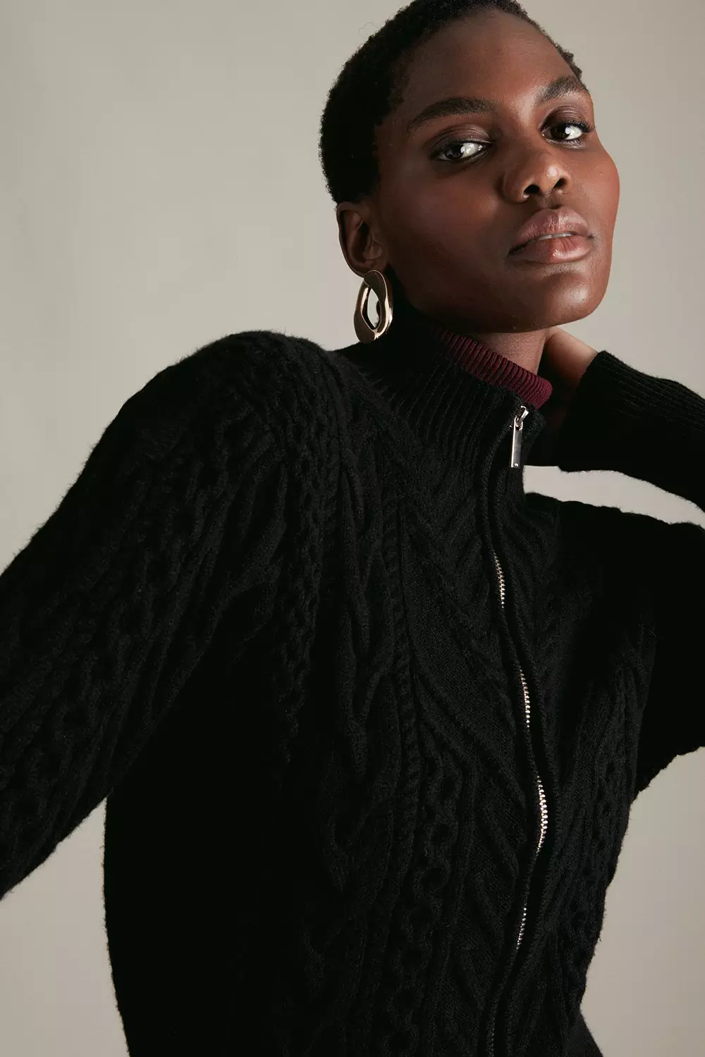 Black Cable Knit Zip Through Cardigan alternative image