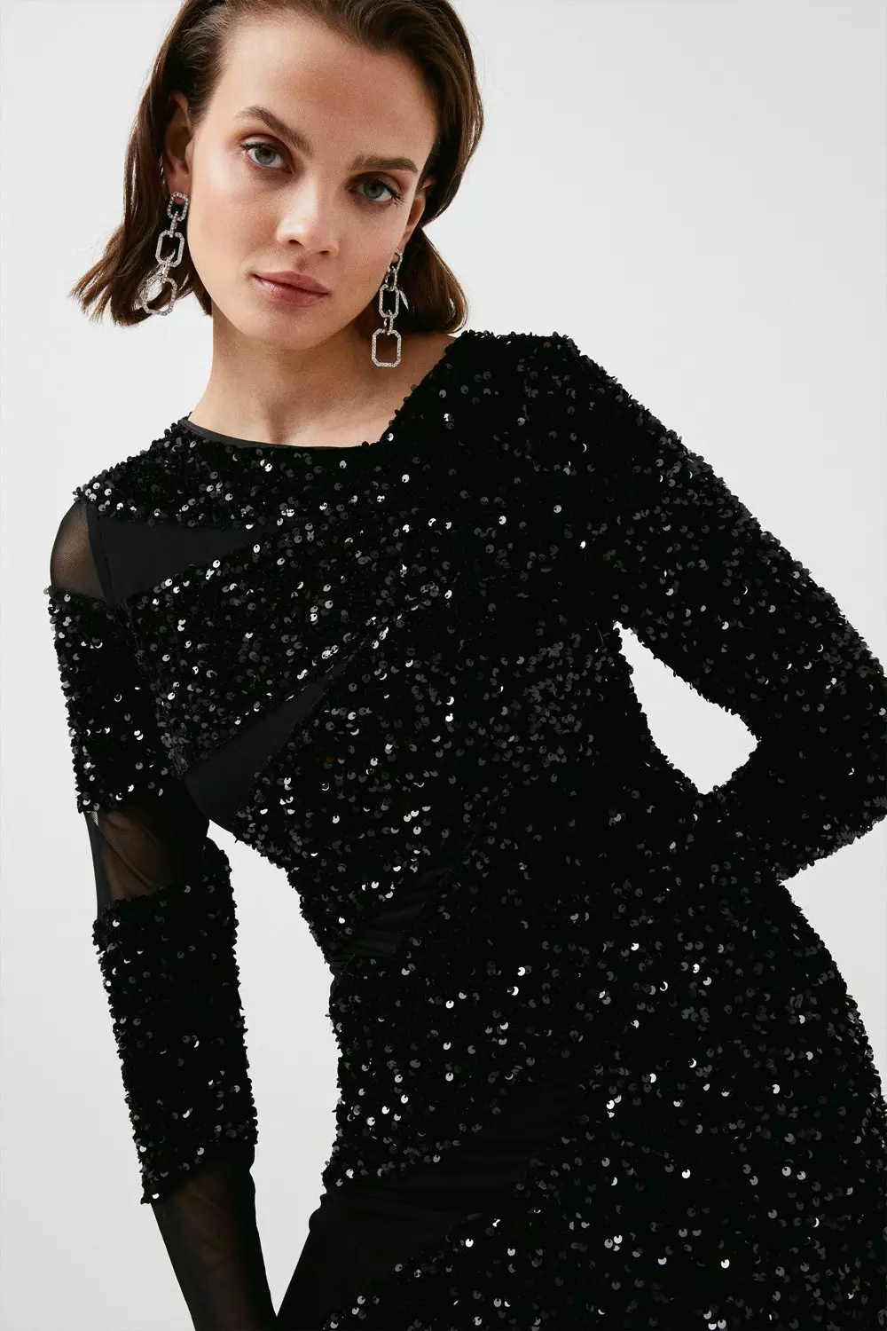 Sequin Mesh Detail Jersey Mini Dress | Karen Millen