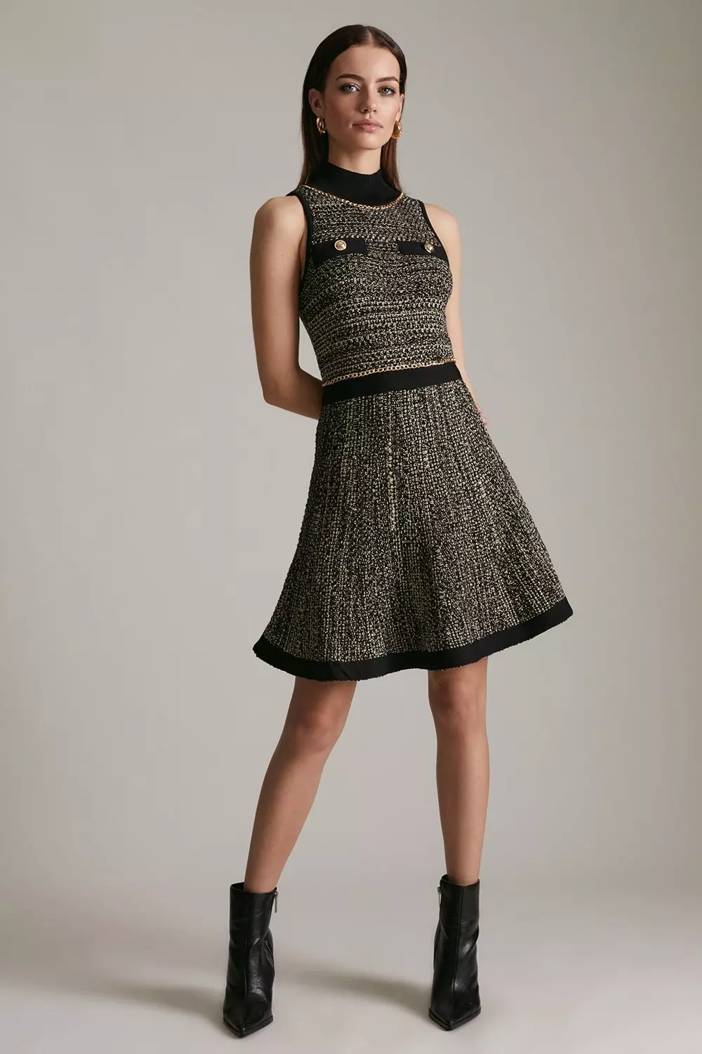 Petite Tweed Knit Chain Detail Skater Dress Karen Millen