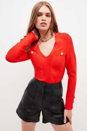 Red Bandage Knit Military Top In Recycled Yarn
