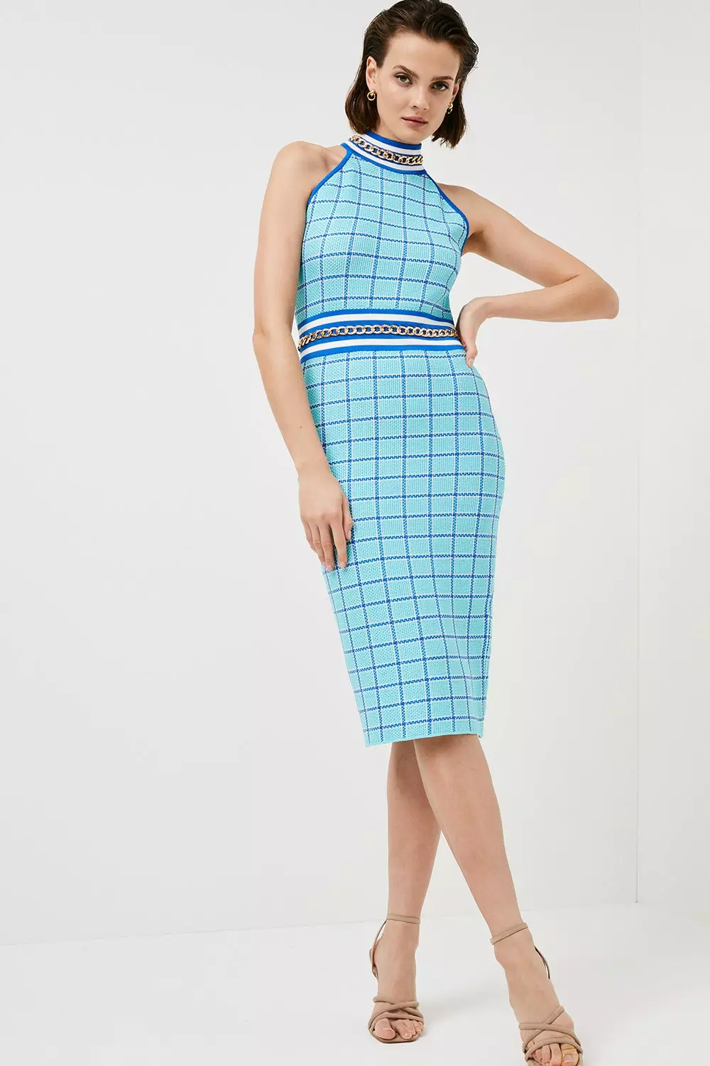 Textured Check Knit Chain Detail Midi Dress Karen Millen