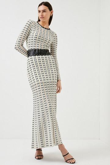 Sheer Knit Polka Dot Stud Detail Jacquard Maxi Dress mono