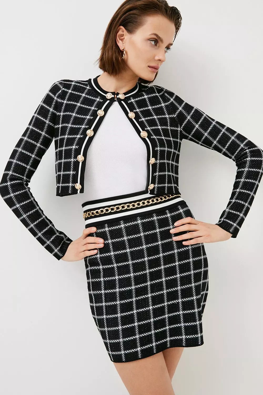 Textured Check Knit Chain Detail Skirt Karen Millen
