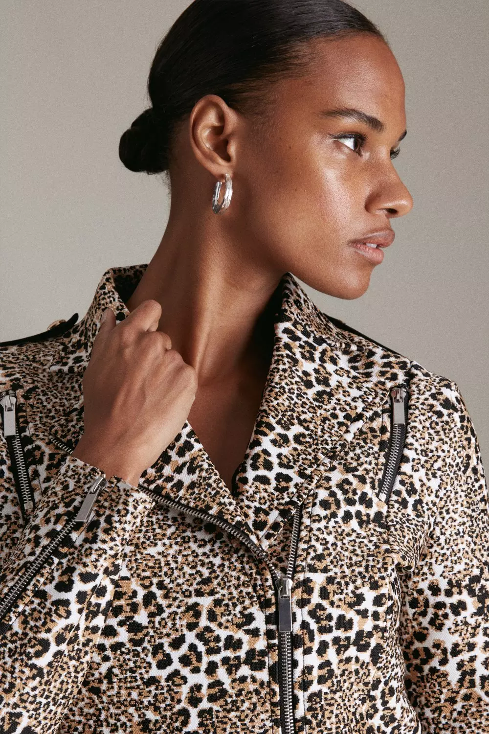 Leopard Jacquard Bandage Knit Biker Jacket Karen Millen