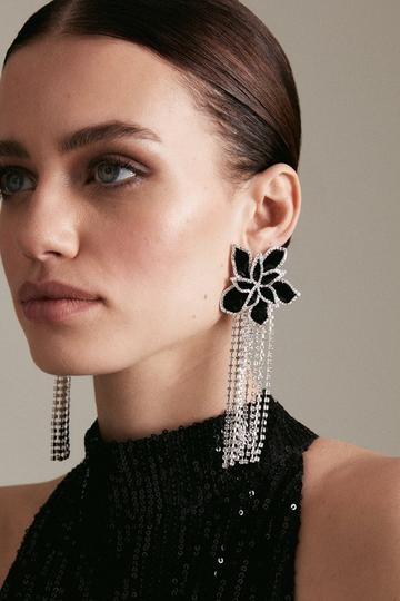 Flower Statement Diamante Drop Earrings silver