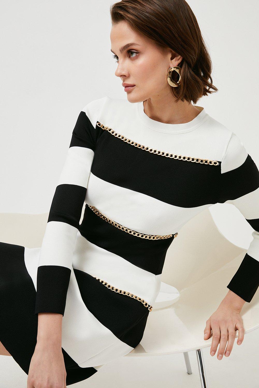 Bandage Knit Stripe Chain Detail Mini Dress Karen Millen