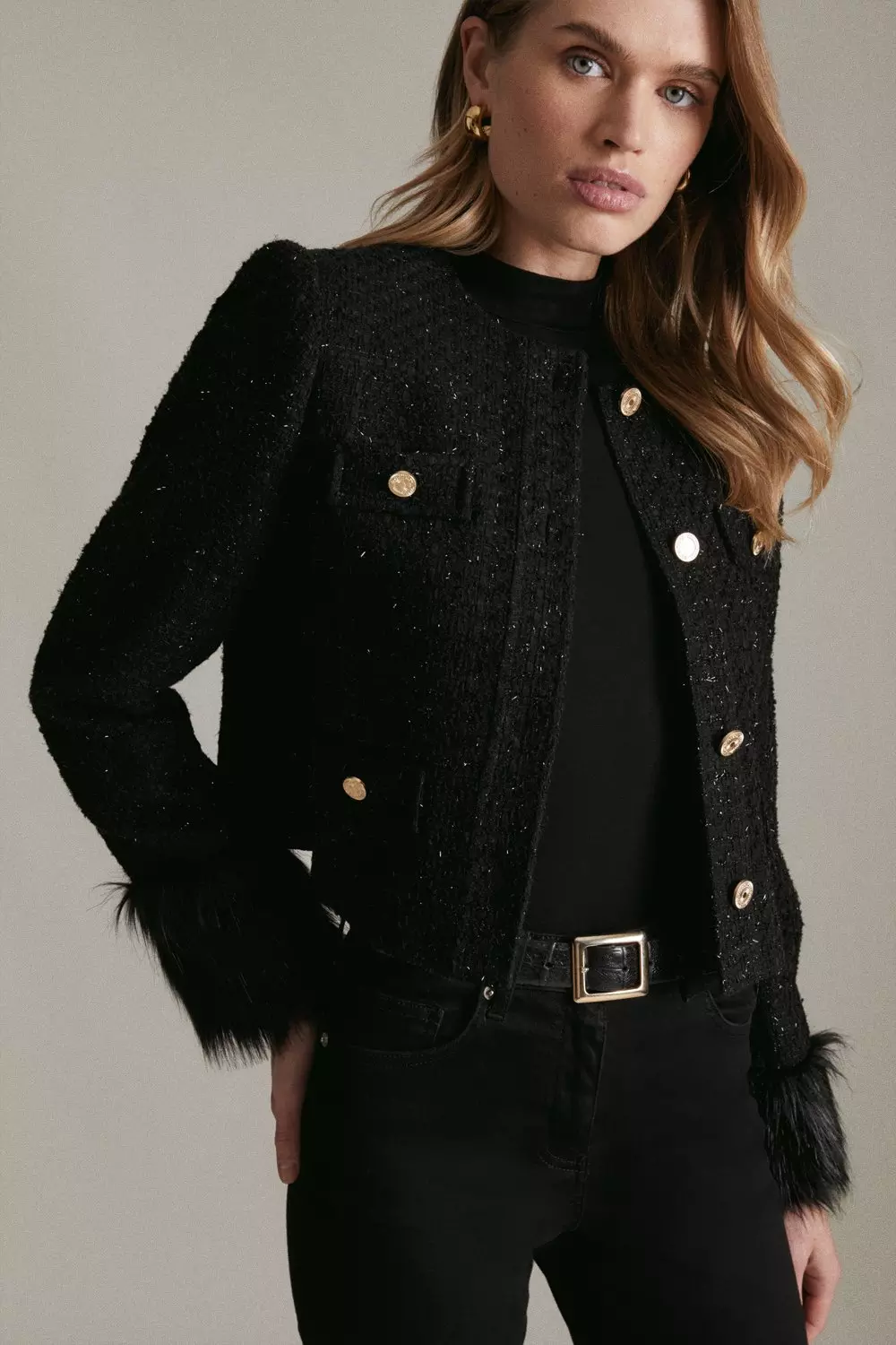 Sparkle Tweed And Faux Fur Cuff Jacket Karen Millen