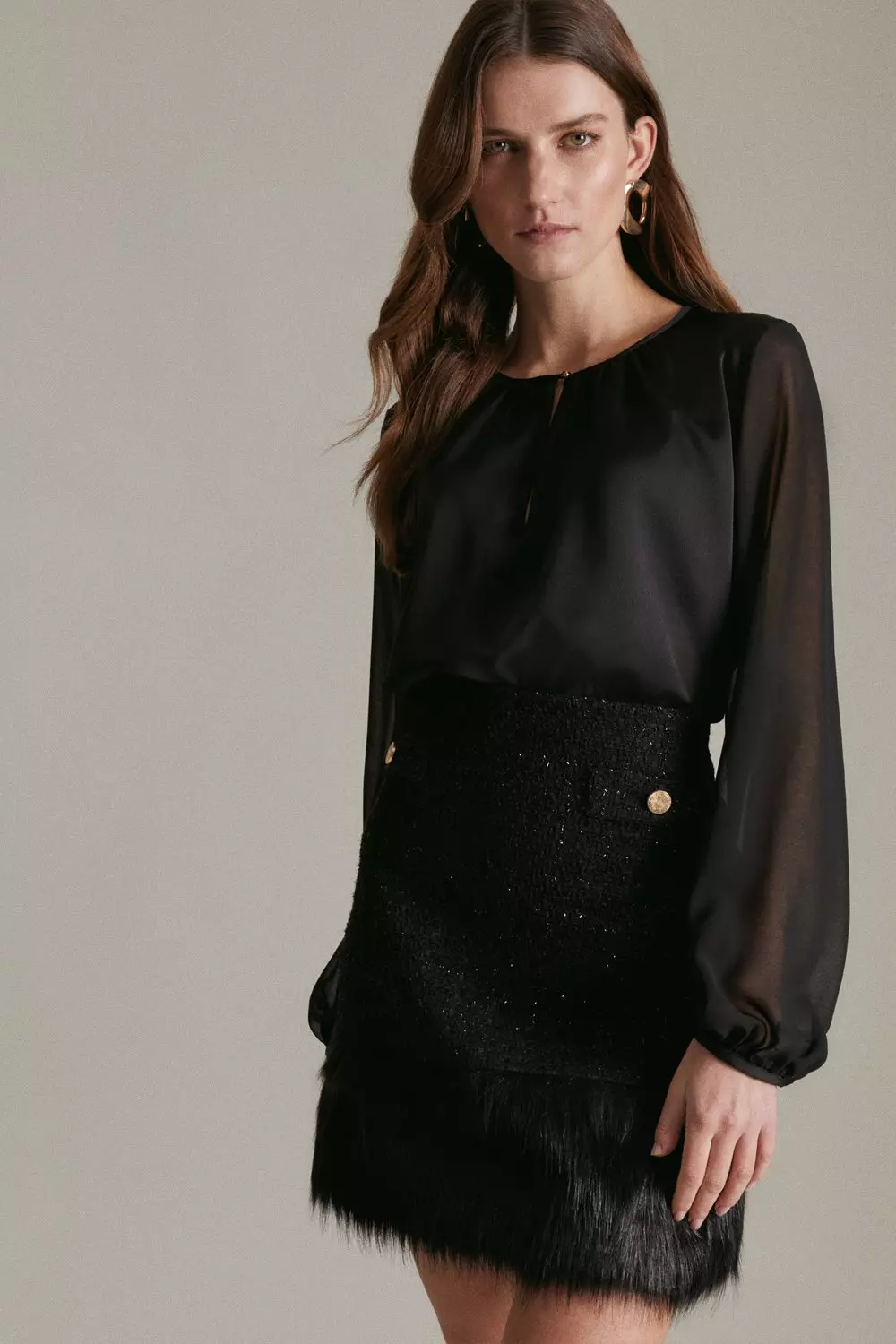 Black Sparkle Tweed And Faux Fur Trim Mini Skirt alternative image