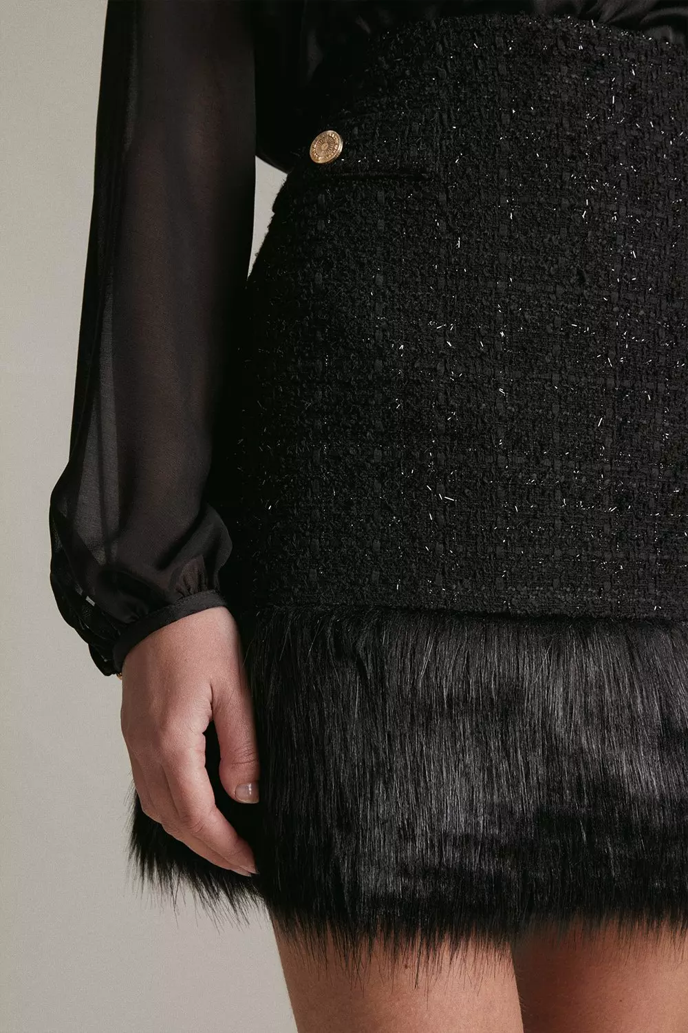 Black Sparkle Tweed And Faux Fur Trim Mini Skirt alternative image