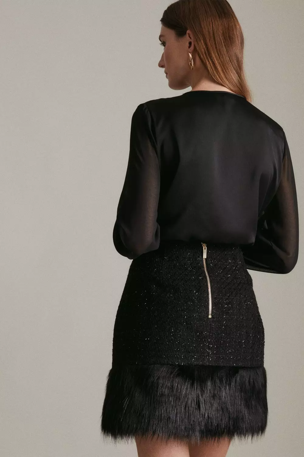 Black Sparkle Tweed And Faux Fur Trim Mini Skirt alternative image