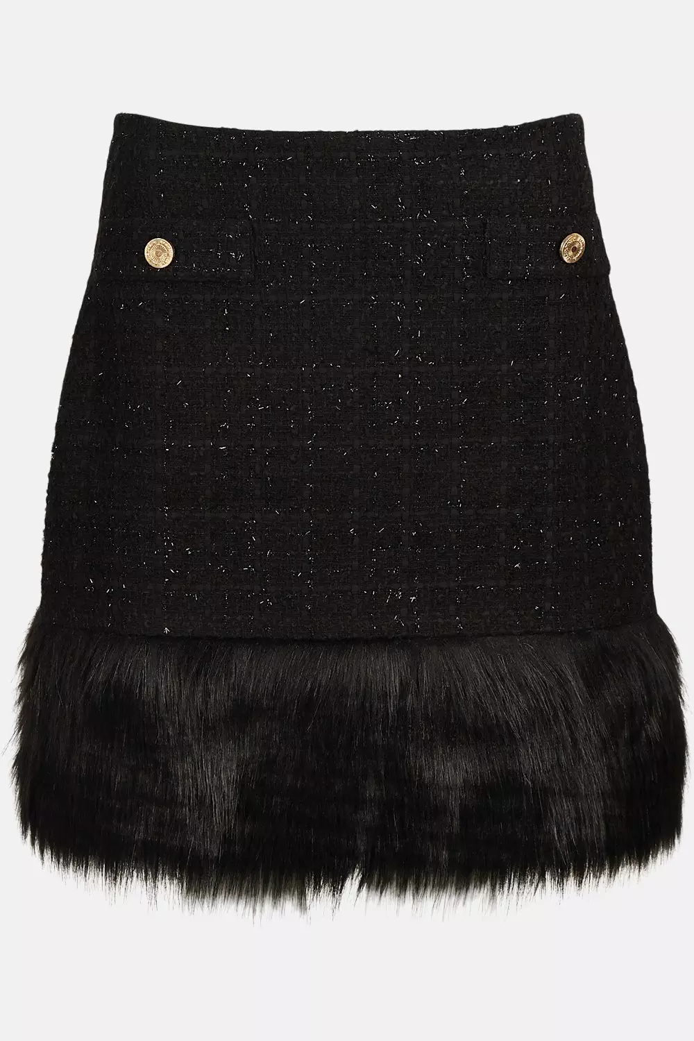 Black Sparkle Tweed And Faux Fur Trim Mini Skirt alternative image
