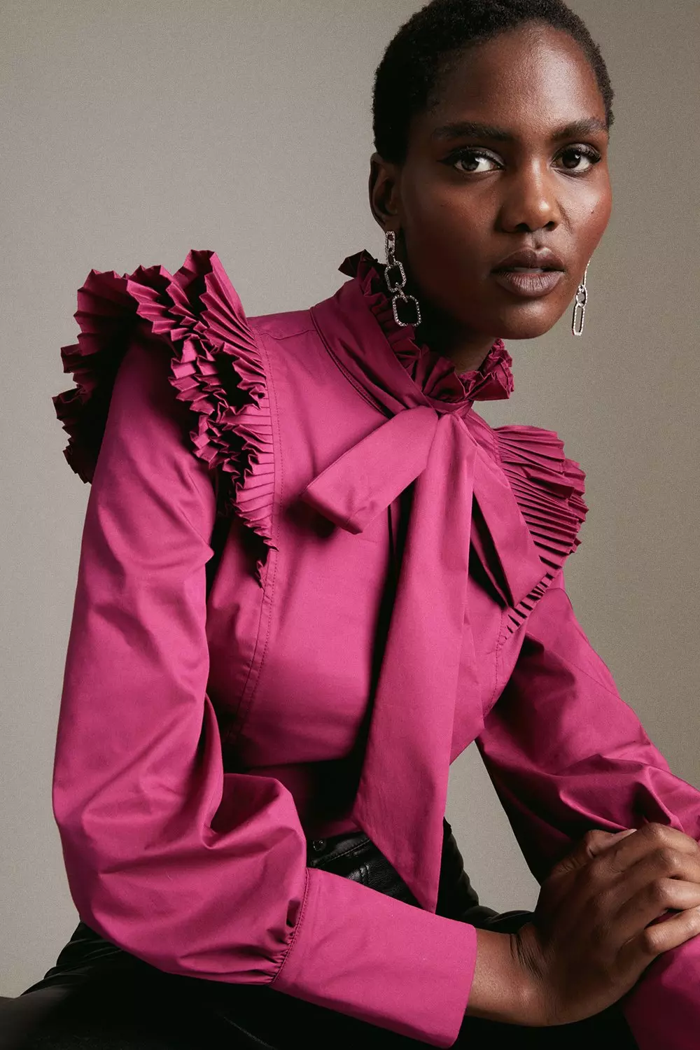Poplin Pleat Shoulder Balloon Sleeve Shirt Karen Millen