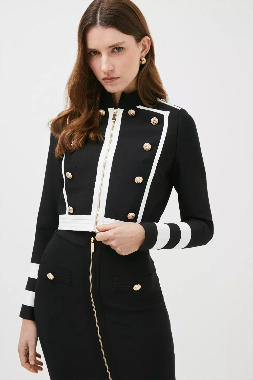 Petite Bandage Knit Military Trim Jacket Karen Millen