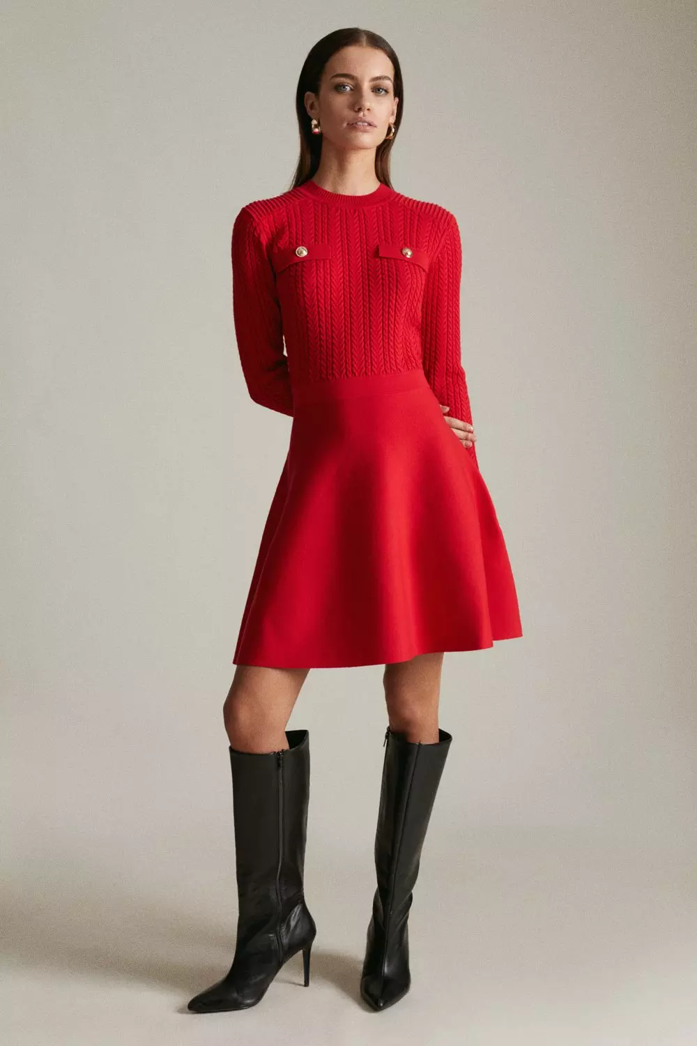 Petite Cable Knit Military Skater Dress Karen Millen