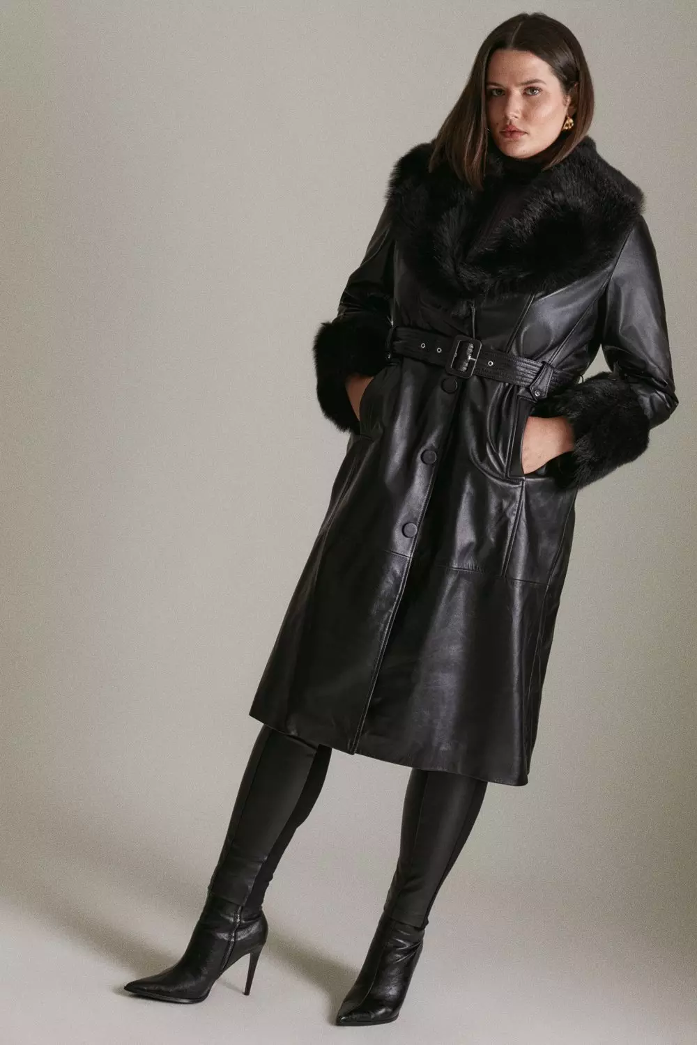 Plus Size Shearling Cuff And Collar Leather Coat Karen Millen