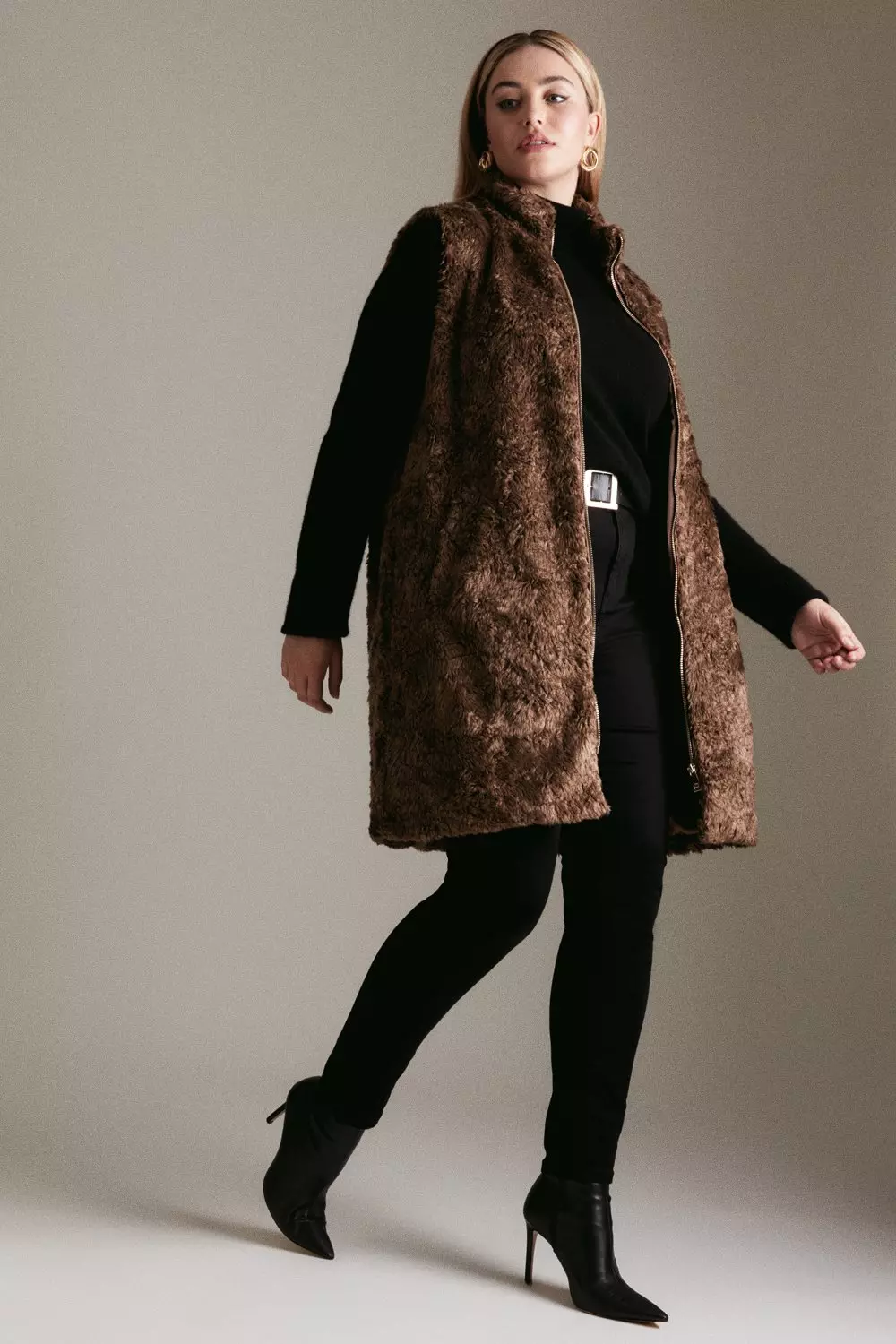 Plus Size Textured Faux Fur Long Gilet Karen Millen