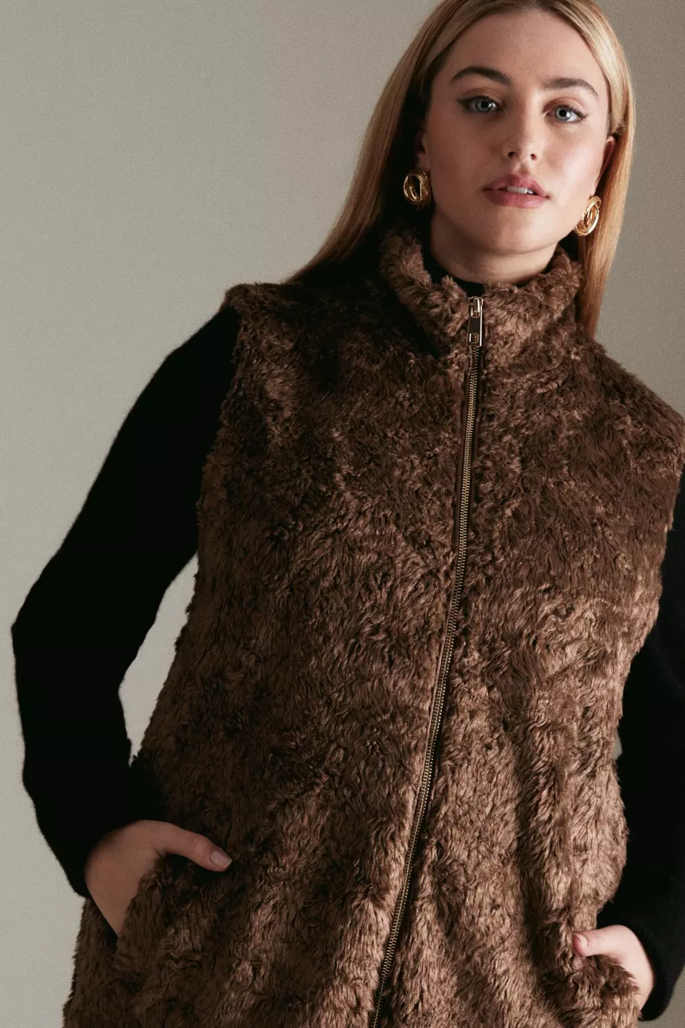 Plus Size Textured Faux Fur Long Gilet Karen Millen