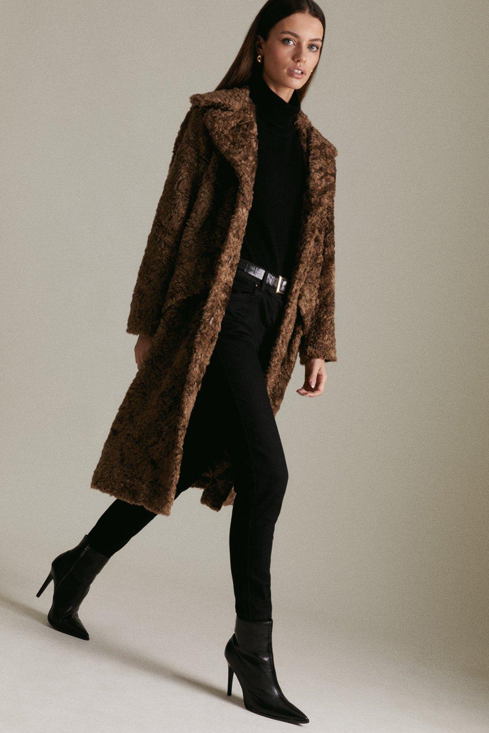 Petite Textured Faux Fur Long Coat Karen Millen