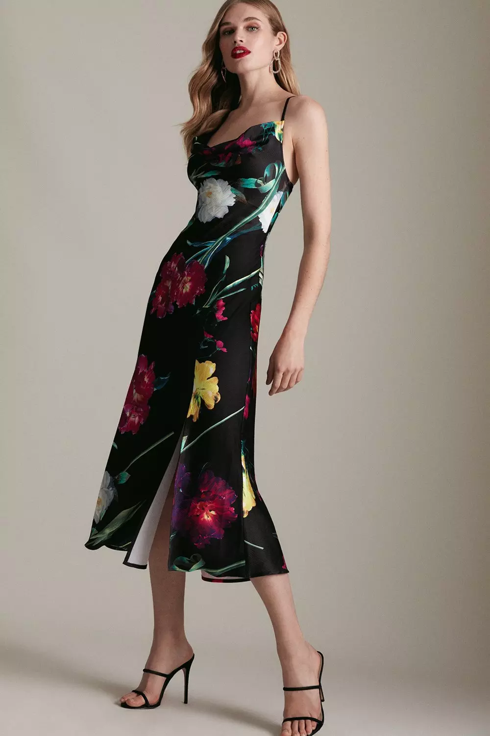 Floral Satin Cowl Neck Woven Midi Slip Dress Karen Millen