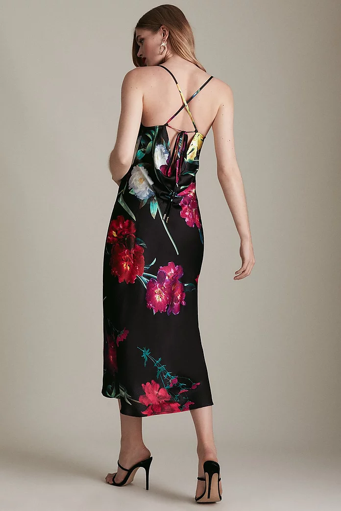 Floral Satin Cowl Neck Woven Midi Slip Dress | Karen Millen Floral Satin Cowl Neck Woven Midi Slip Dress | Karen Millen