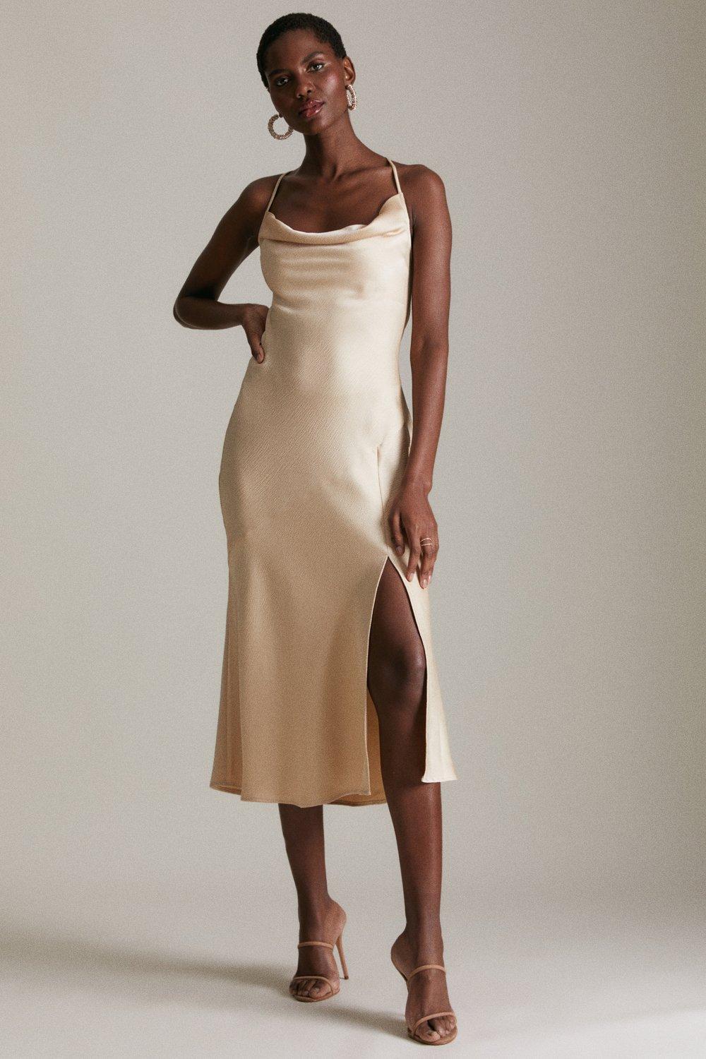 Satin Cowl Neck Woven Midi Slip Dress | Karen Millen