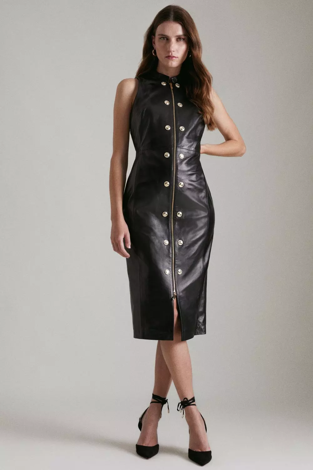 ●KAREN MILLEN●ミリタリー ミニドレス Leather Zip Military Button Midi Dress | Karen Millen