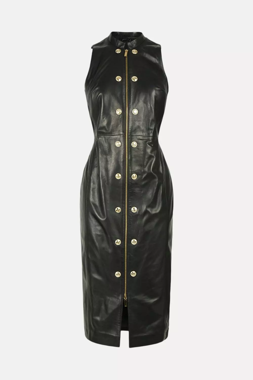 Leather Zip Military Button Midi Dress | Karen Millen