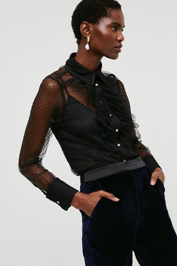 Mixed Mesh Spot Tulle Collared Jersey Blouse black