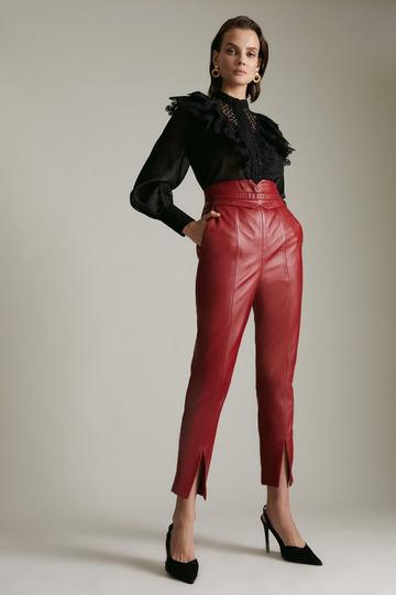 Red Leather High Waist Split Hem Slim Leg Trouser