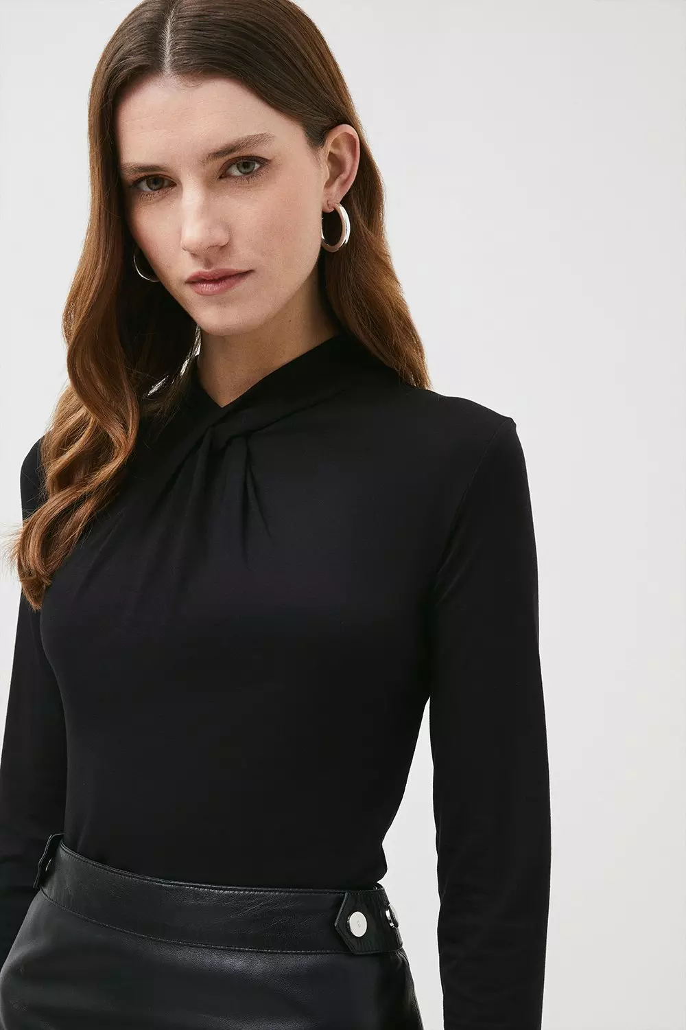Twist Neck Long Sleeve Viscose Blend Jersey Top | Karen Millen