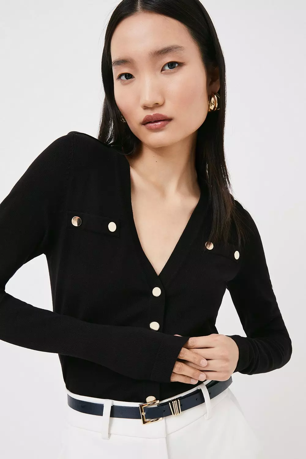 Viscose Blend Military Trim V Neck Cardigan Karen Millen