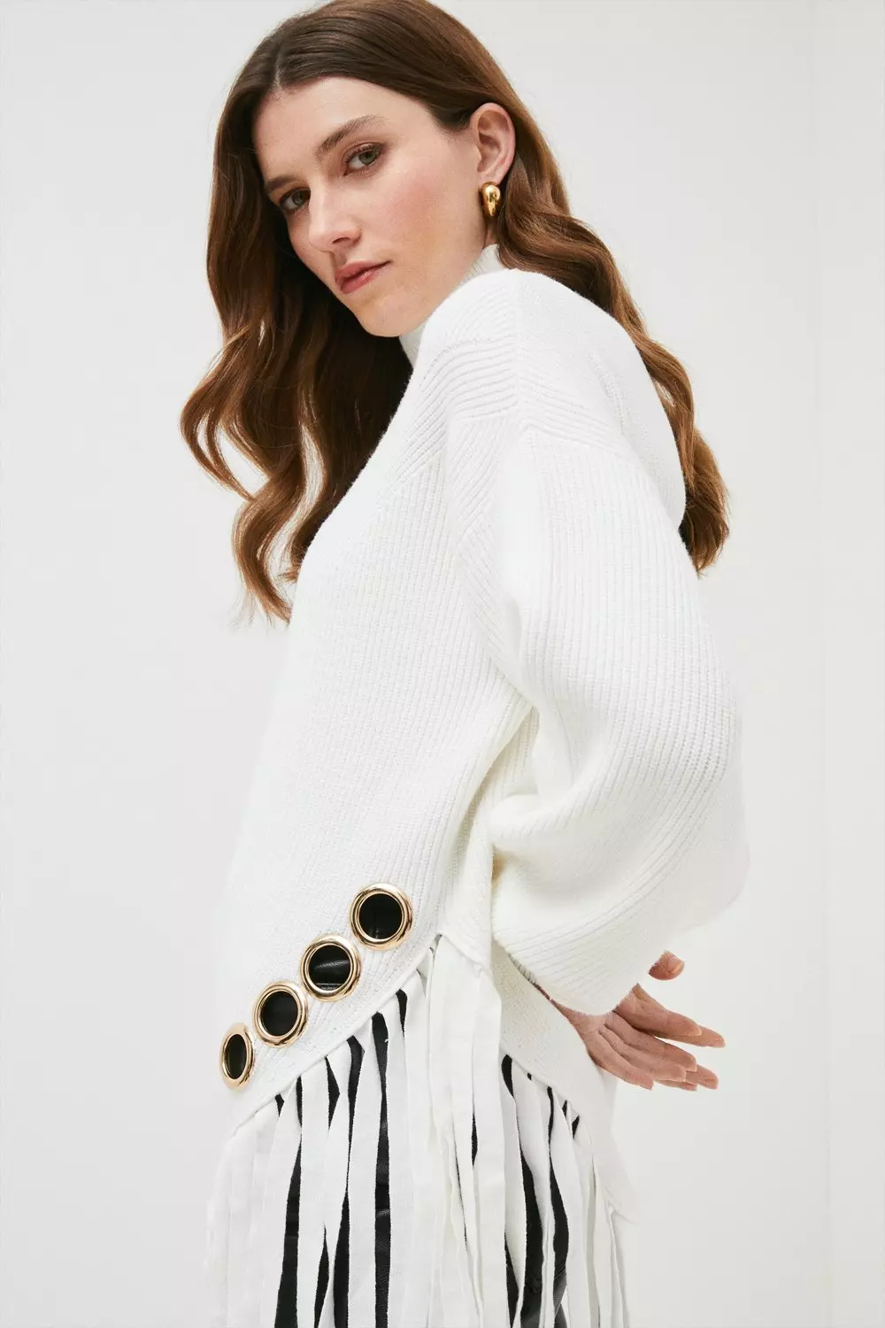 Mid Weight Eyelet Fringe Slouchy Knit Sweater | Karen Millen