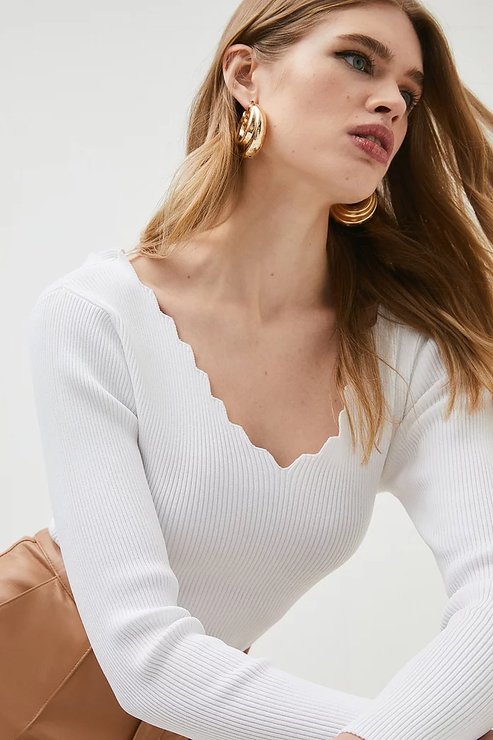Petite Rib Knit Scallop Neck Top | Karen Millen Petite Rib Knit Scallop Neck Top | Karen Millen