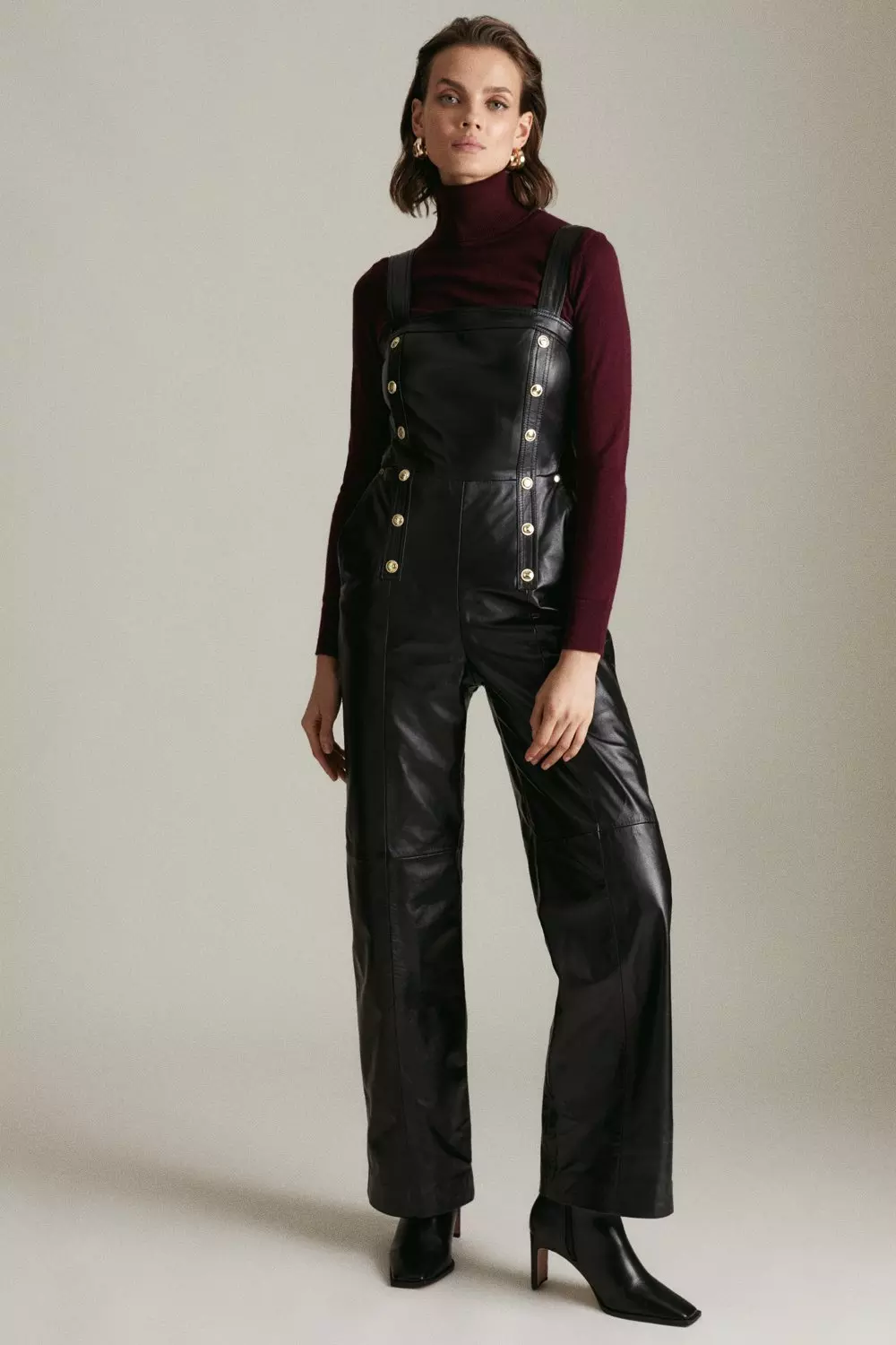 Leather Button Placket Wide Leg Jumpsuit Karen Millen