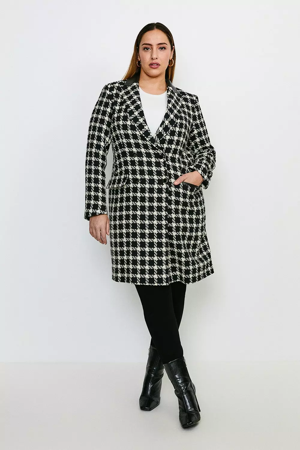 Plus Size Houndstooth PU Collar Coat Karen Millen