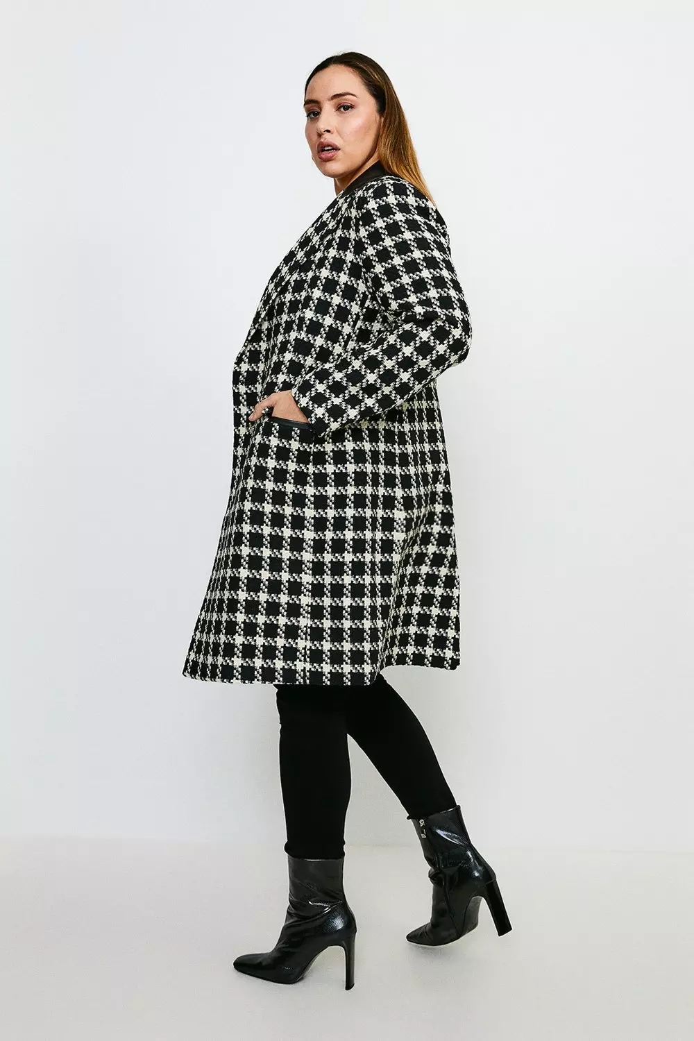 ジャケット・アウター calee Hound tooth pattern chester coat Plus Size Houndstooth PU Collar Coat | Karen Millen