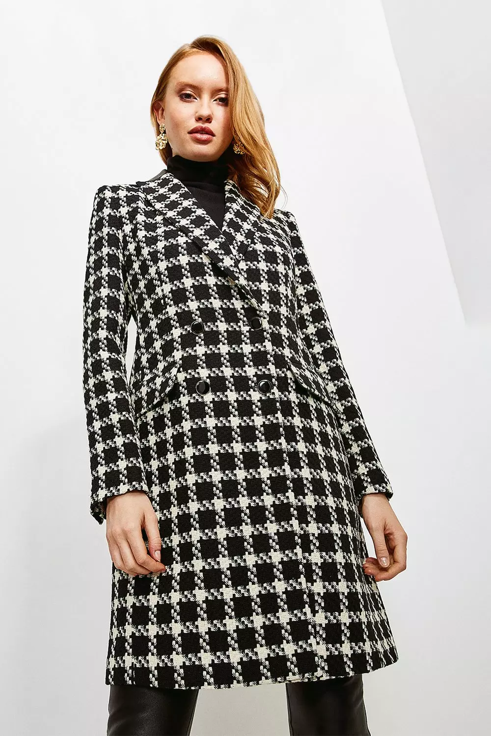 Mono Houndstooth PU Collar Coat alternative image