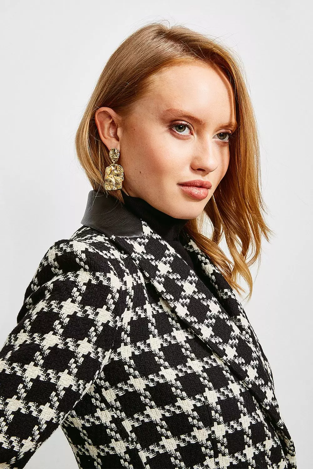 Mono Houndstooth PU Collar Coat alternative image