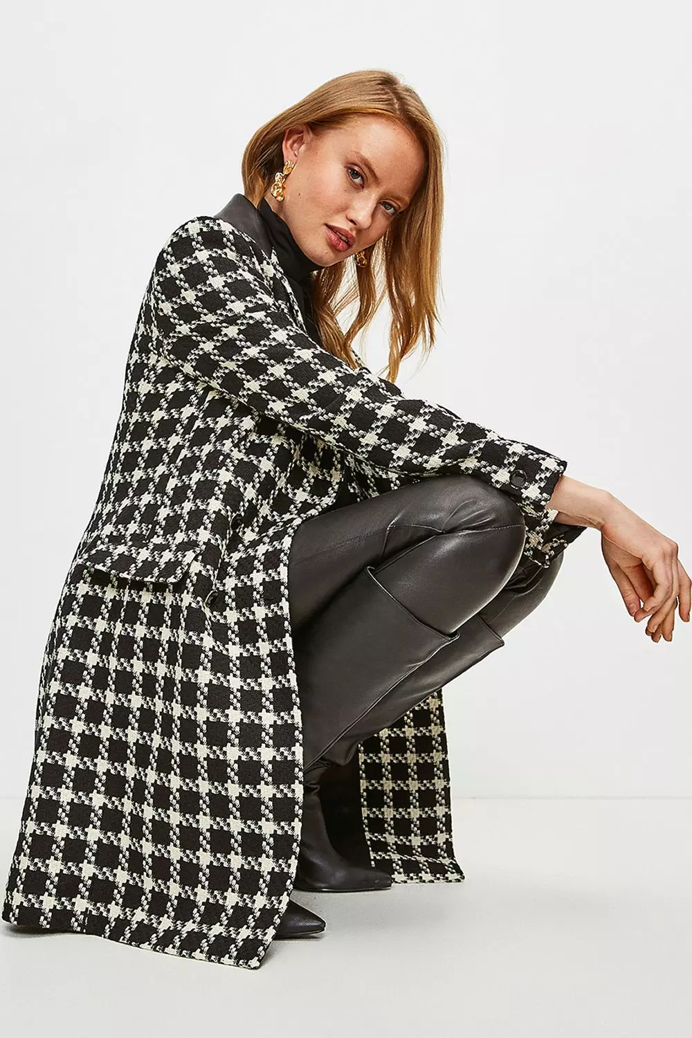 Mono Houndstooth PU Collar Coat alternative image