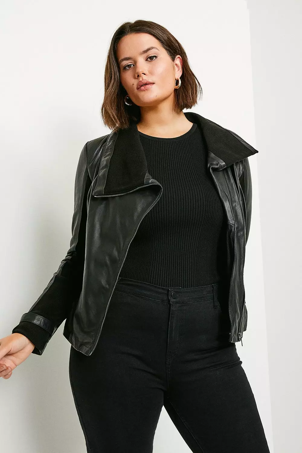 Curve Leather and Knit Envelope Neck Biker Jacket Karen Millen