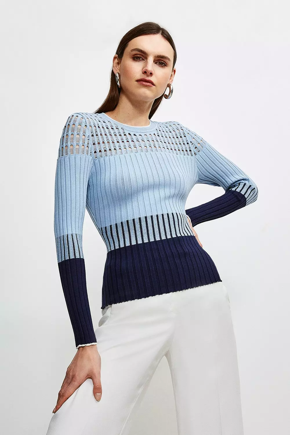 Pointelle detail Colour Block Knit Jumper Karen Millen