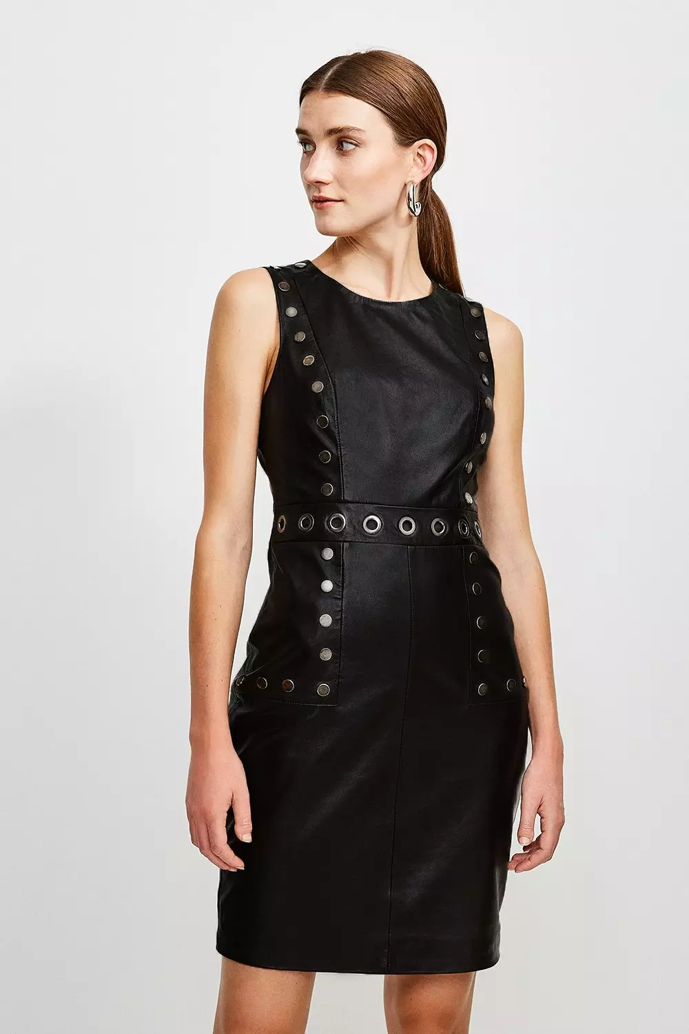 Black Eyelet Trim Leather Shift Dress alternative image