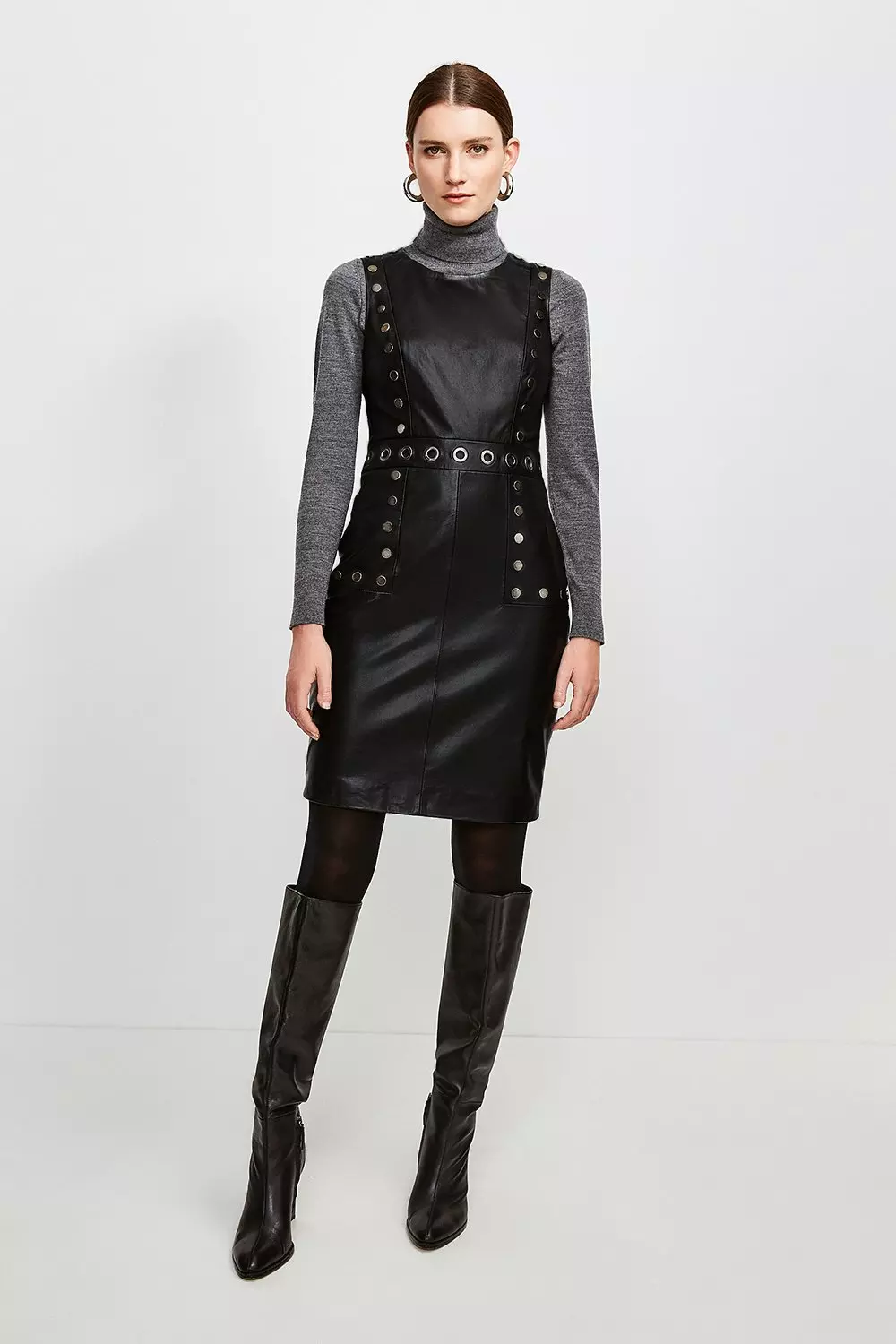 Black Eyelet Trim Leather Shift Dress alternative image