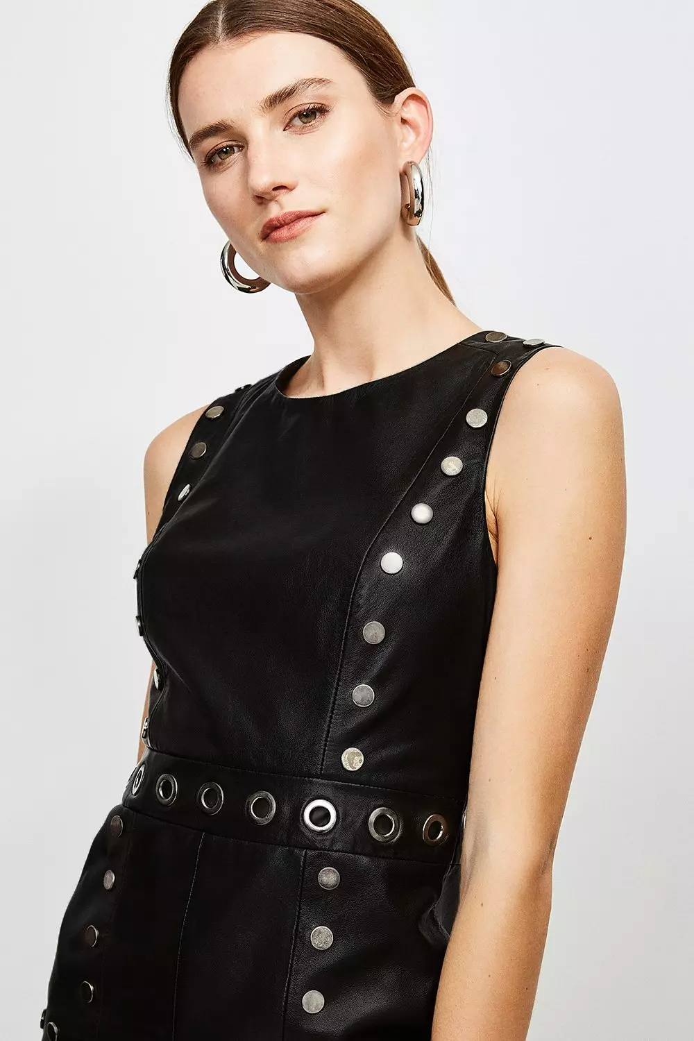 Black Eyelet Trim Leather Shift Dress alternative image