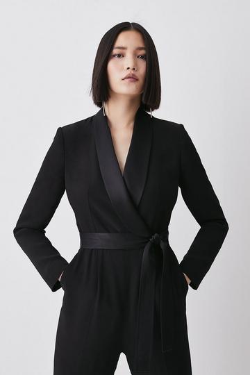 Tailored Tuxedo Belted Wrap Jumpsuit black