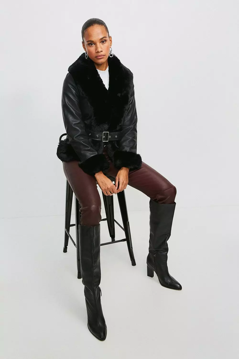 Faux Fur Trim Faux Leather Jacket | Karen Millen