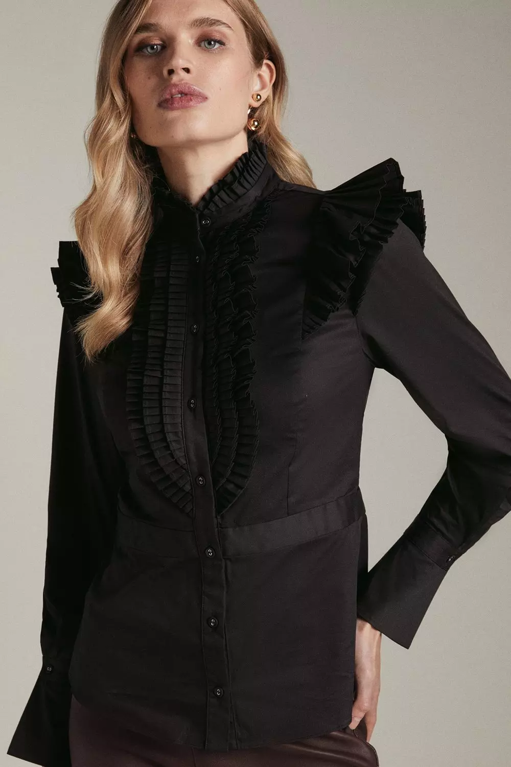 Long Sleeved Pleated Ruffle Shirt Karen Millen