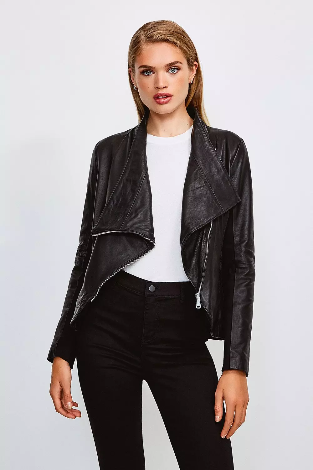 Leather and Ponte Envelope Neck Biker Jacket Karen Millen