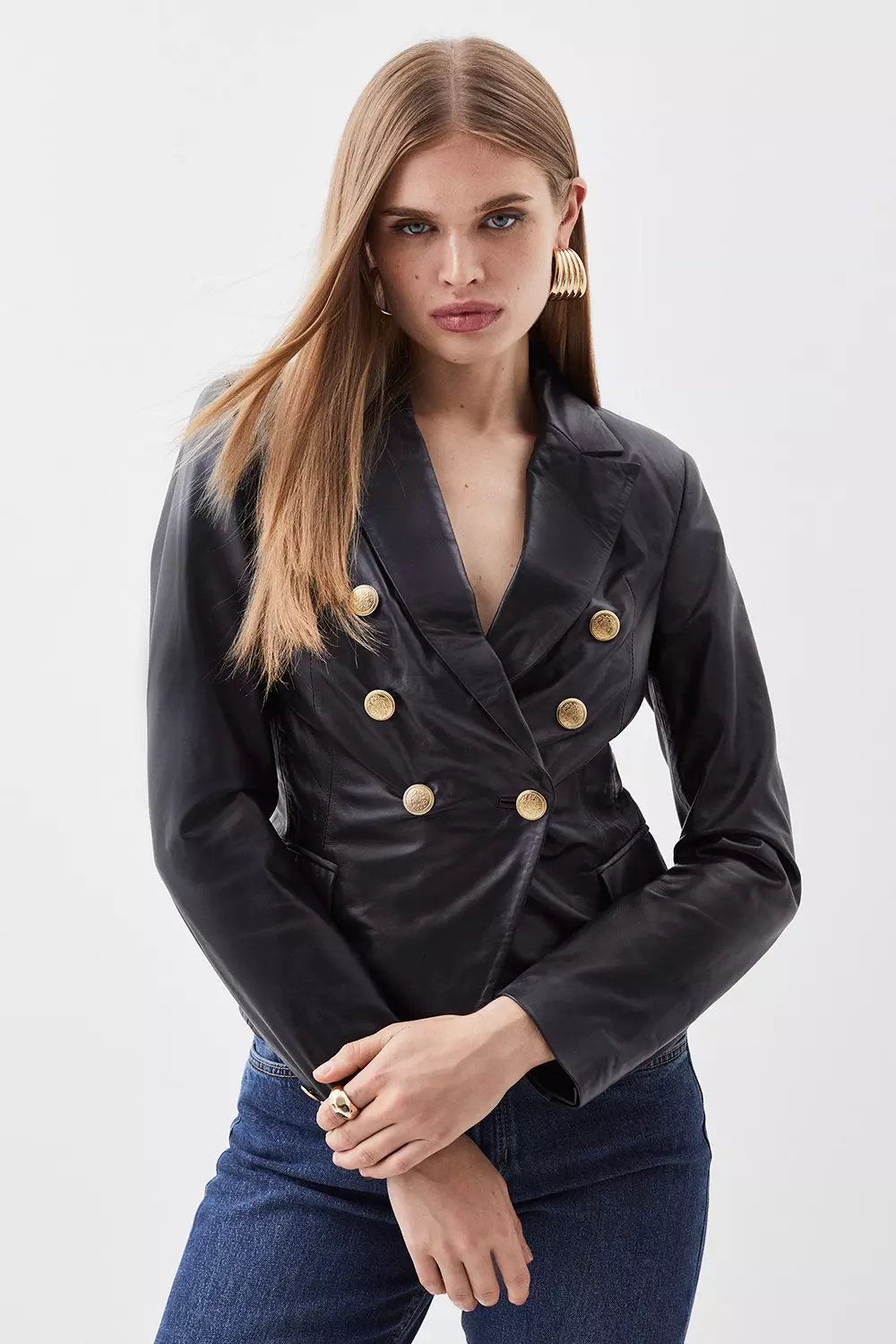 Leather blazer with gold buttons best sale