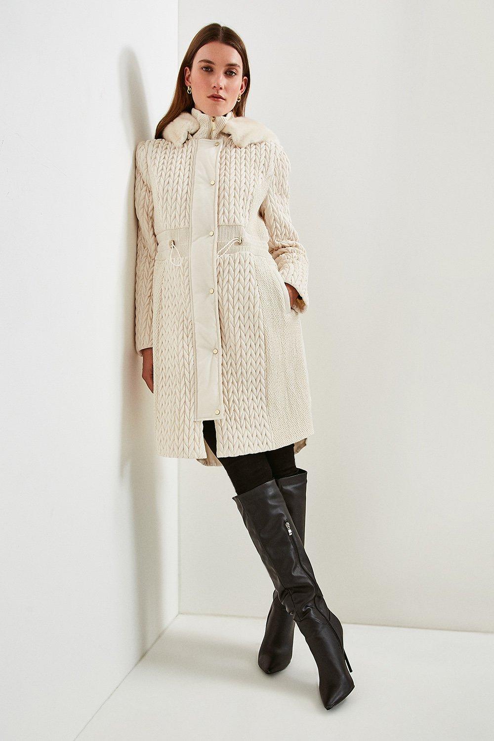 Long Quilted Faux Fur Trimmed Hood Coat Karen Millen